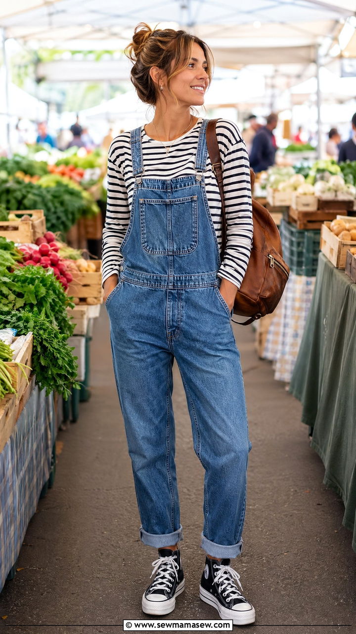 Denim Overalls With a Striped Long Sleeve Tee - 35 comfortable outfit ideas for women