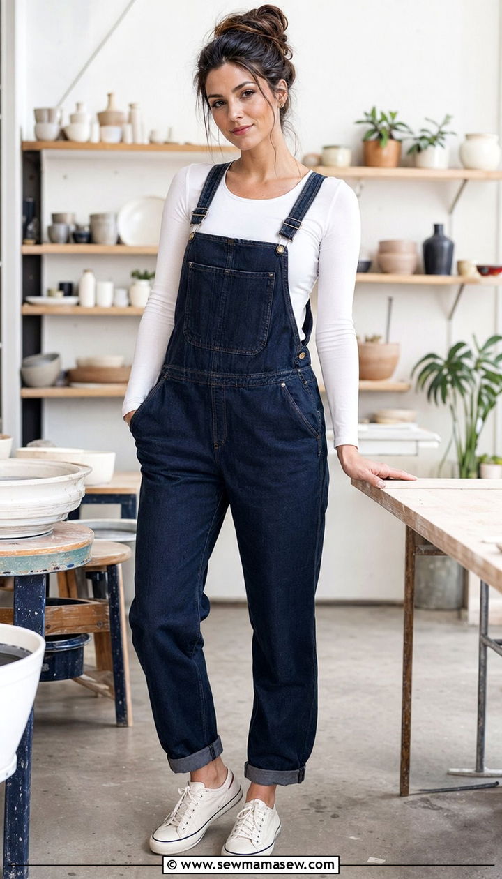 Denim Overalls and Long Sleeve Tee for Pottery Workshop - 30 Workshop outfit ideas