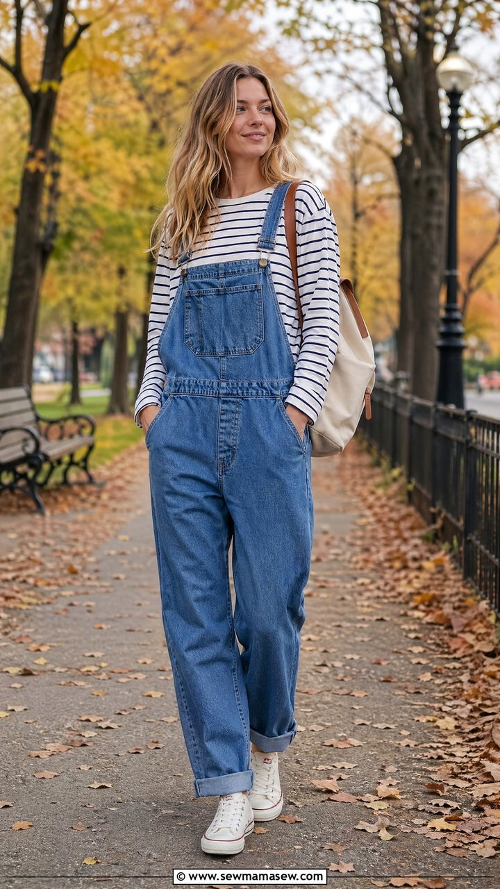 Denim Overalls and Striped Long Sleeve Tee for Tall Women - 35 Cute outfits for tall women