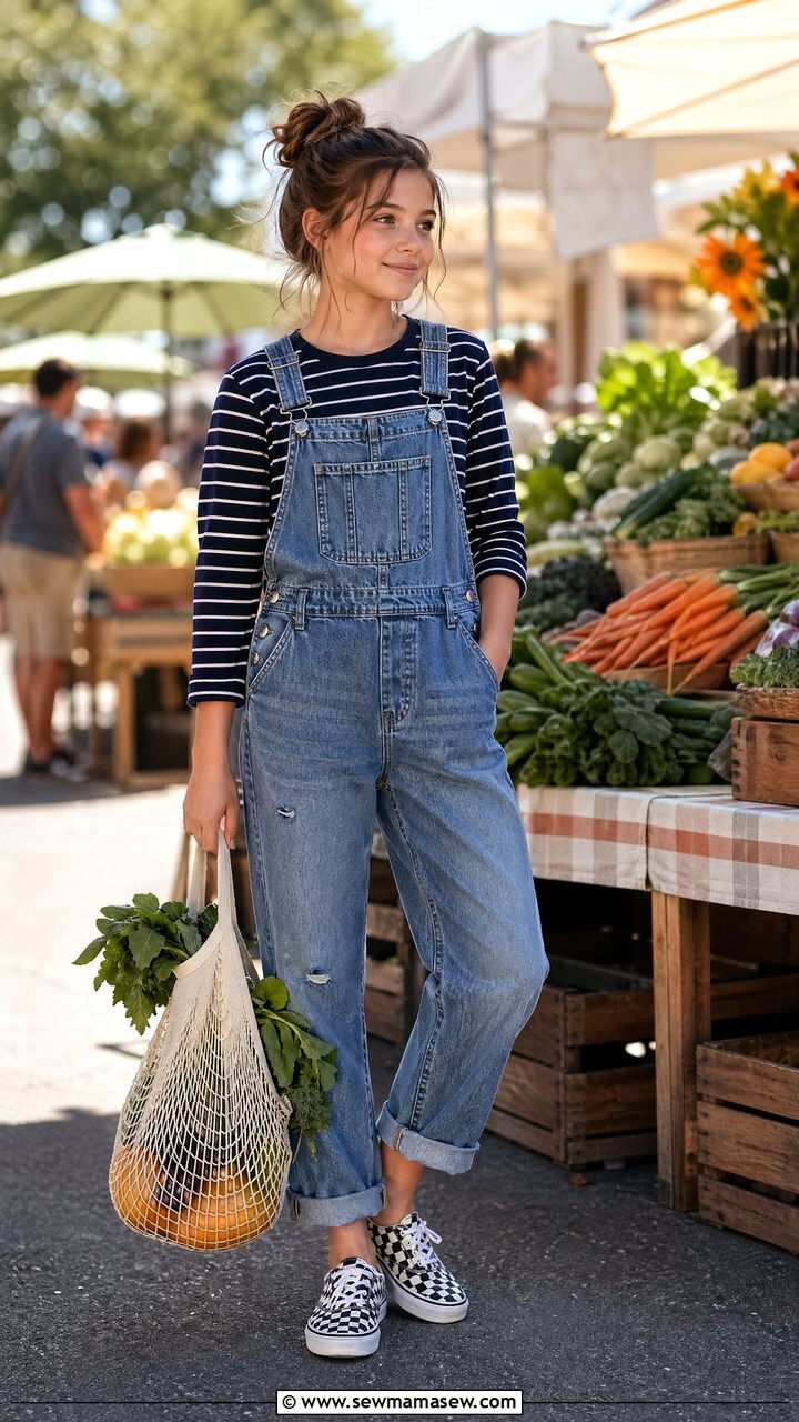 Denim Overalls and Striped Long Sleeve Tee - 35 Summer outfits for tweens