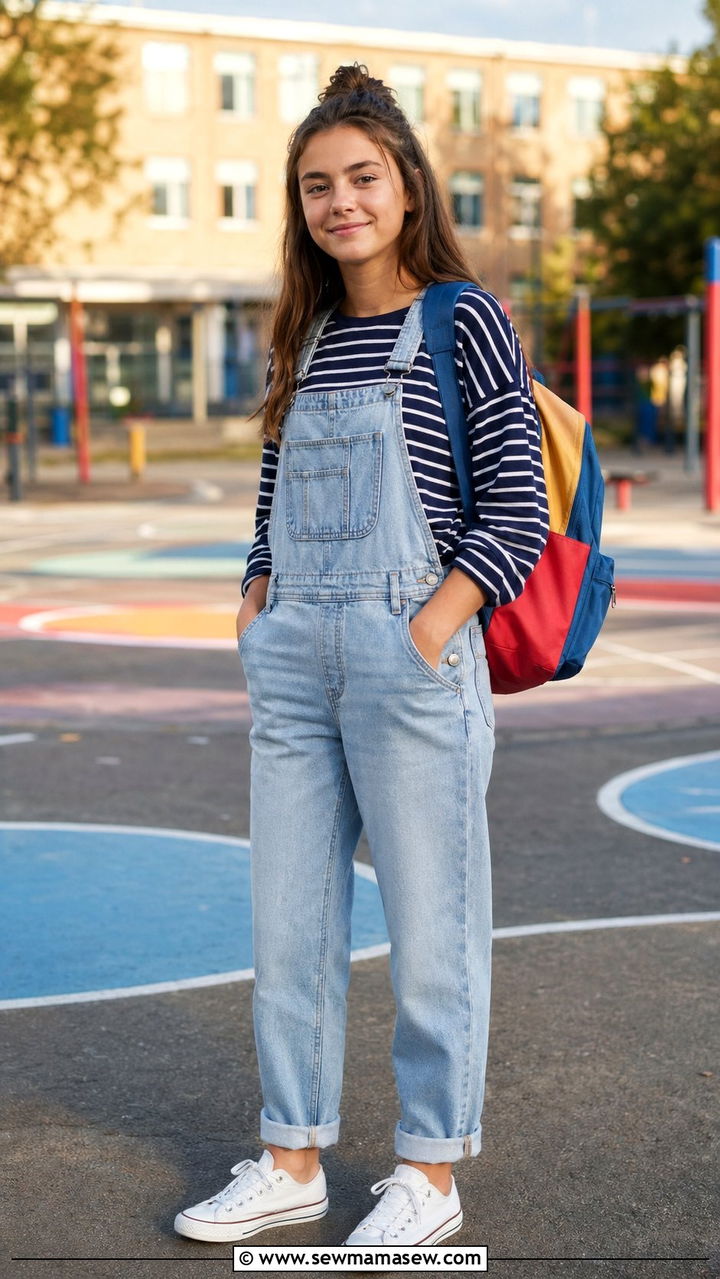 Denim Overalls and Striped Tee Outfit - 30 Back to school outfit ideas aesthetic 2026