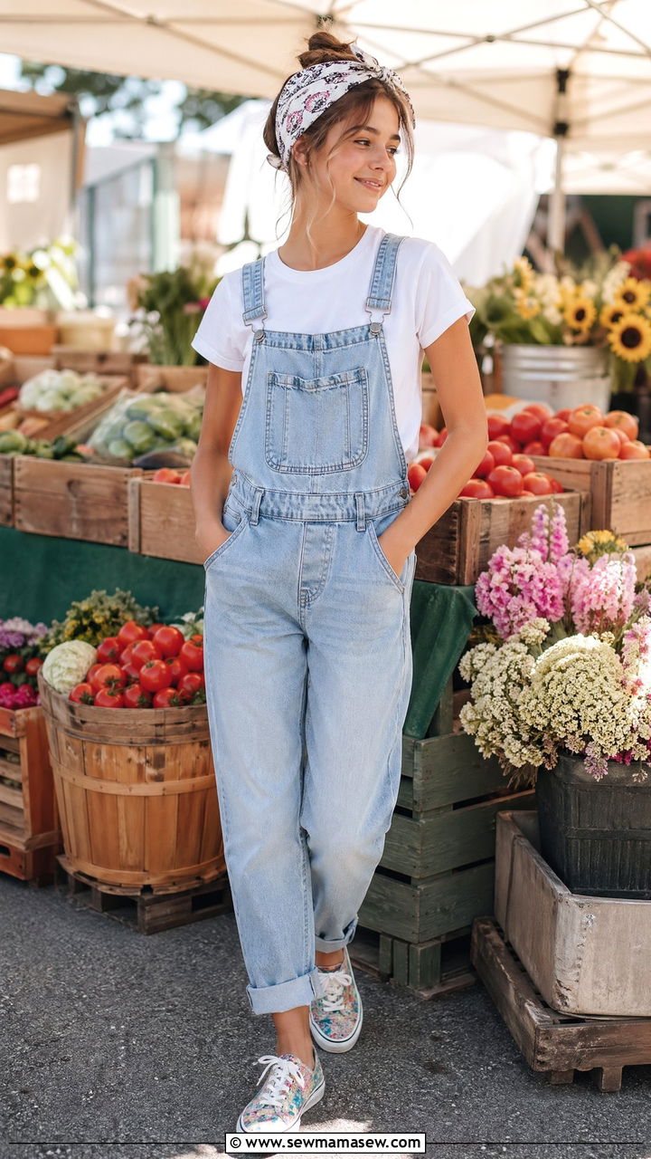 Denim Overalls and White Tee Outfit - 35 Summer outfits for teenage girls