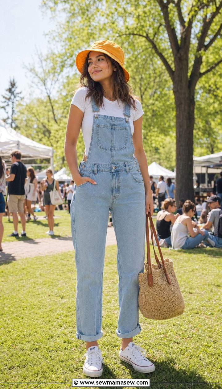 Denim Overalls with Fitted Tee and Canvas Sneakers - 30 What to wear to a spring festival