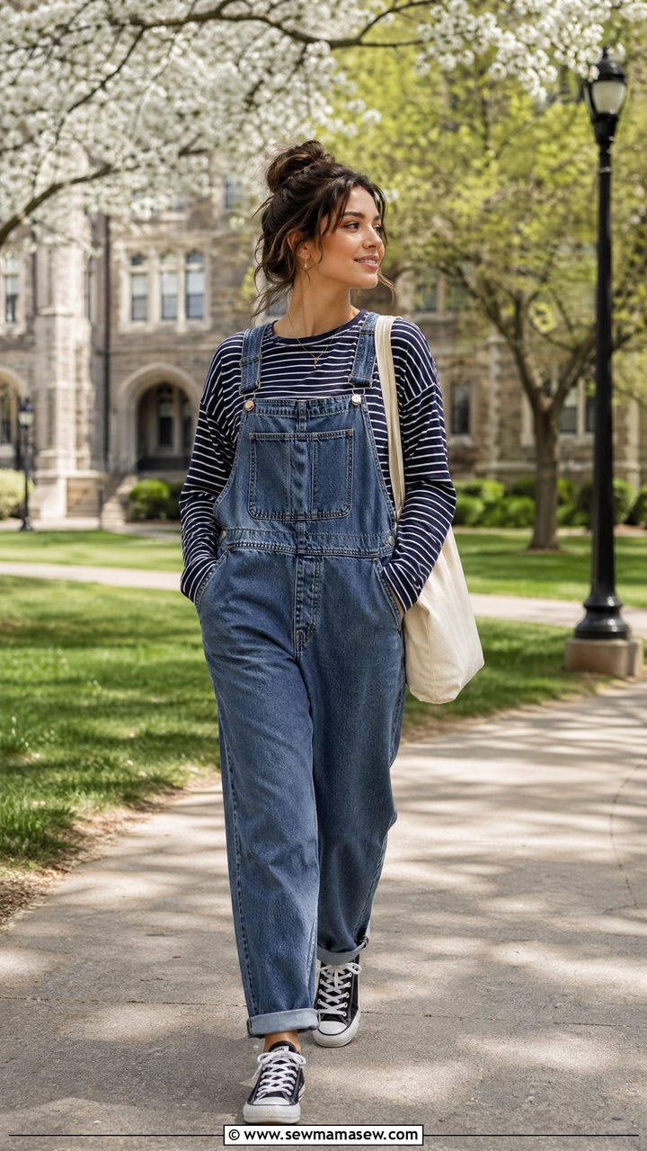 Denim Overalls with Striped Long Sleeve Tee and Canvas Sneakers - 35 college outfits ideas