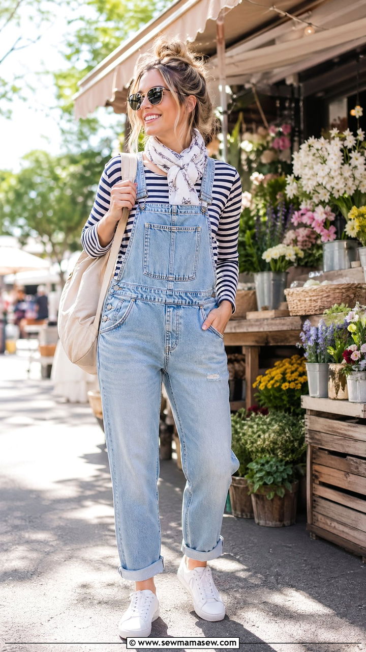Denim Overalls with Striped Shirt and Sneakers Outfit - 35 Spring denim outfits