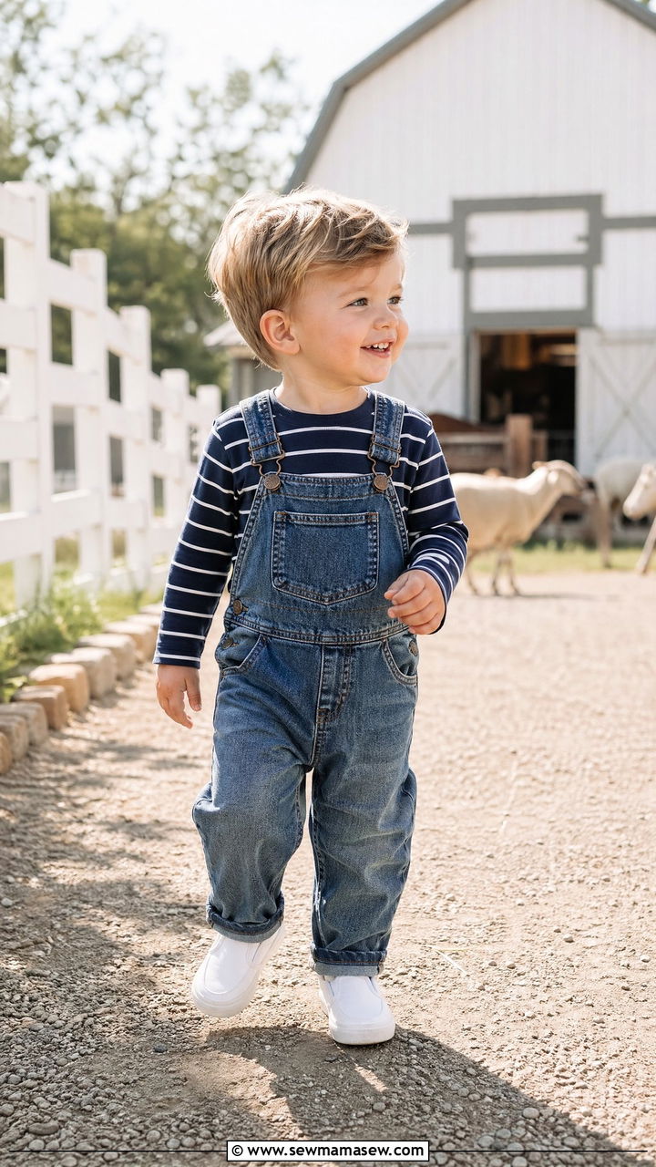 Denim Overalls with Striped Tee and Sneakers - 35 Spring outfits for toddlers