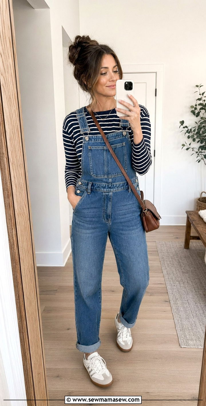 Denim Overalls with Striped Tee and Sneakers - 30 90s outfit ideas 2026