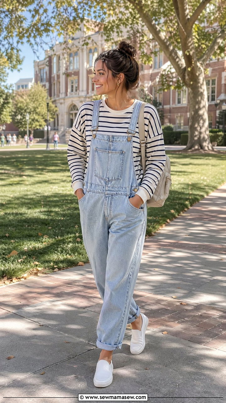 Denim Overalls with Striped Tee - 35 college outfits for women