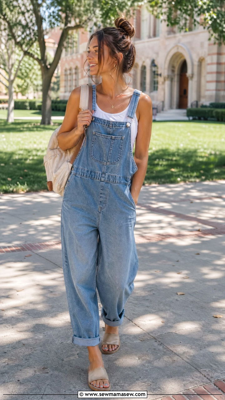 Denim Overalls with a Fitted Tank Top - 35 Summer outfits for college students