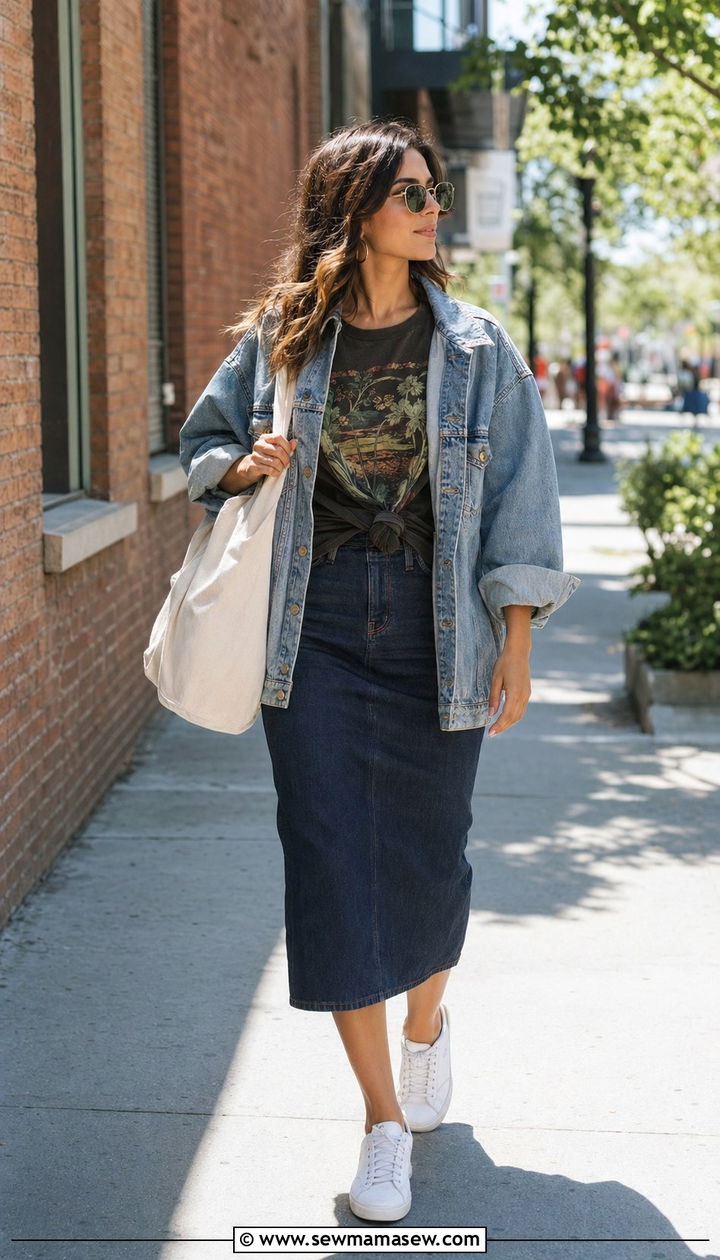 Denim Pencil Skirt with Graphic Tee and Sneakers - 35 pencil skirt outfits for women