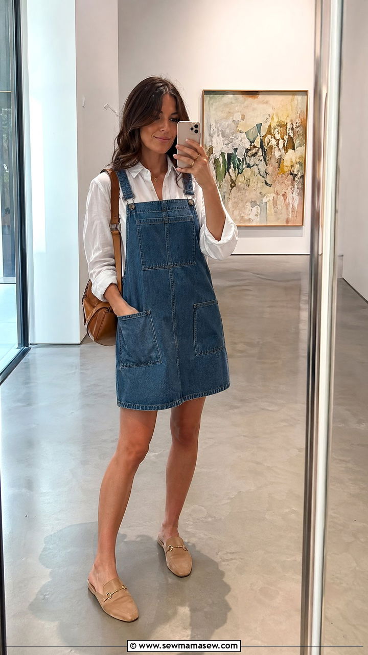 Denim Pinafore Dress Over a White Top Outfit - 35 spring dress outfit ideas