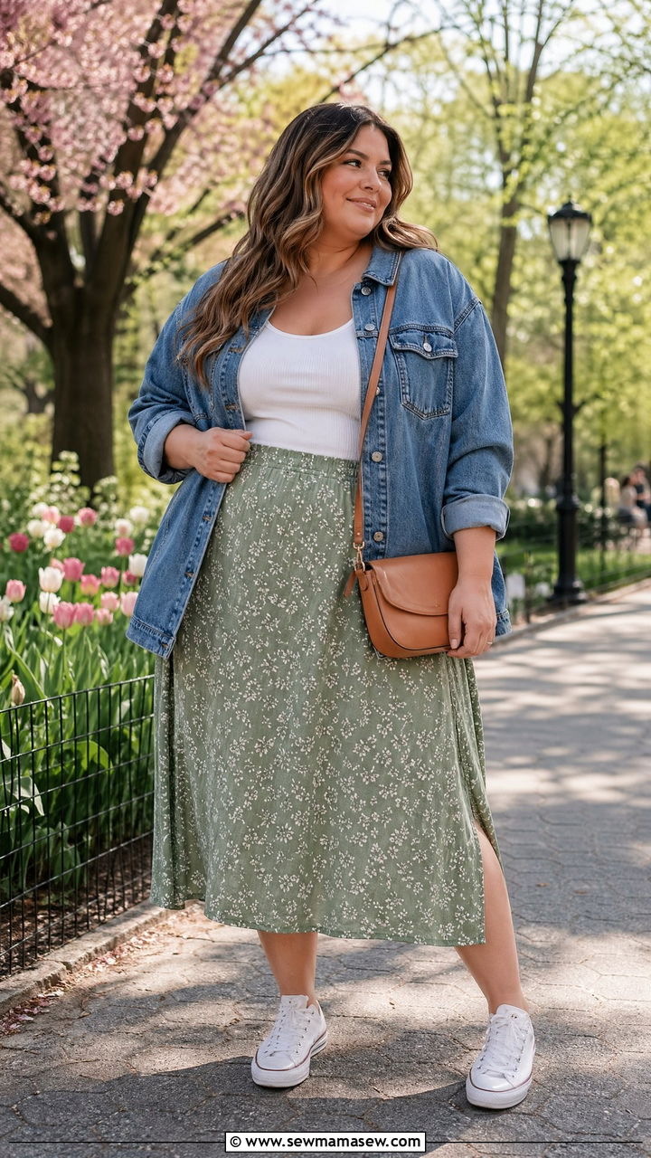 Denim Shacket With Floral Midi Skirt Outfit - 35 Spring capsule wardrobe plus size