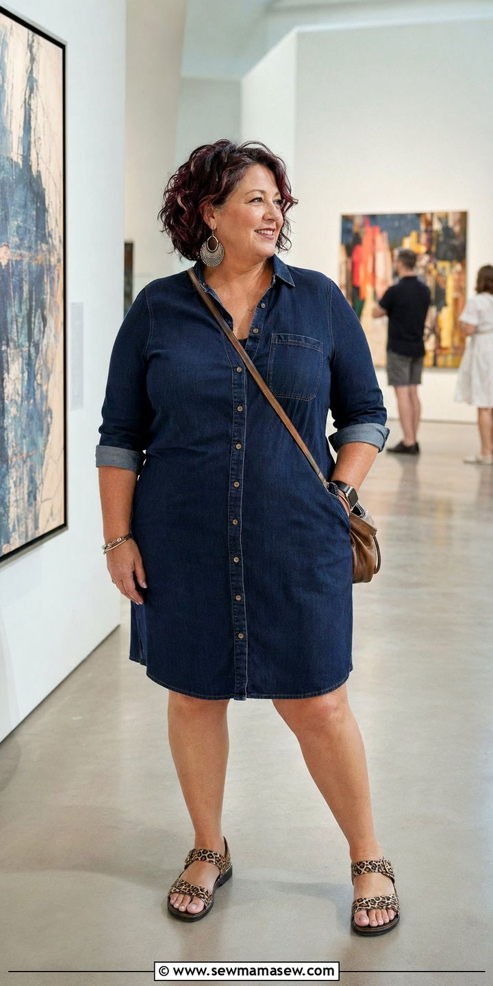 Denim Shirt Dress With Statement Earrings - 35 Plus size outfits for women over 50