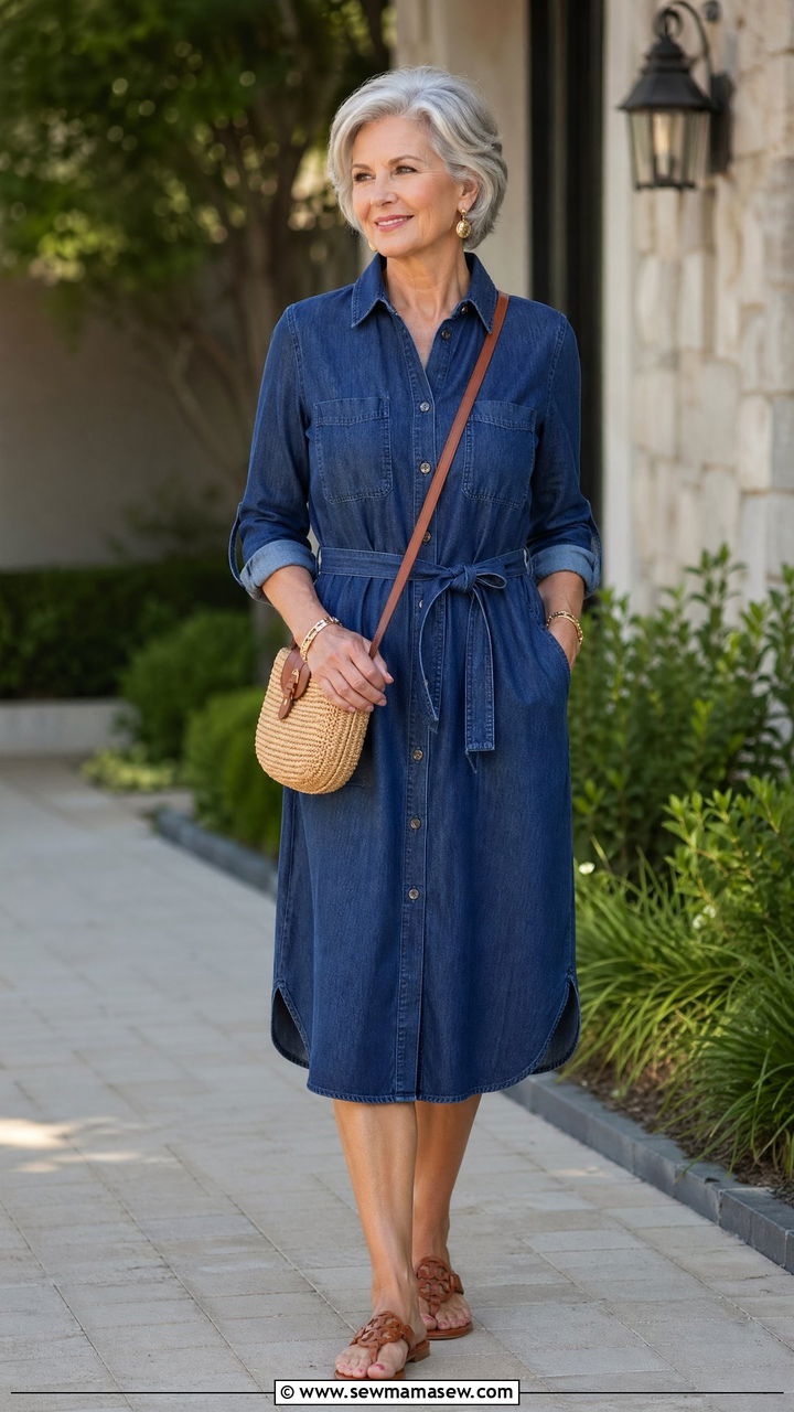 Denim Shirt Dress With Tan Accessories - 35 Spring outfits for women over 60