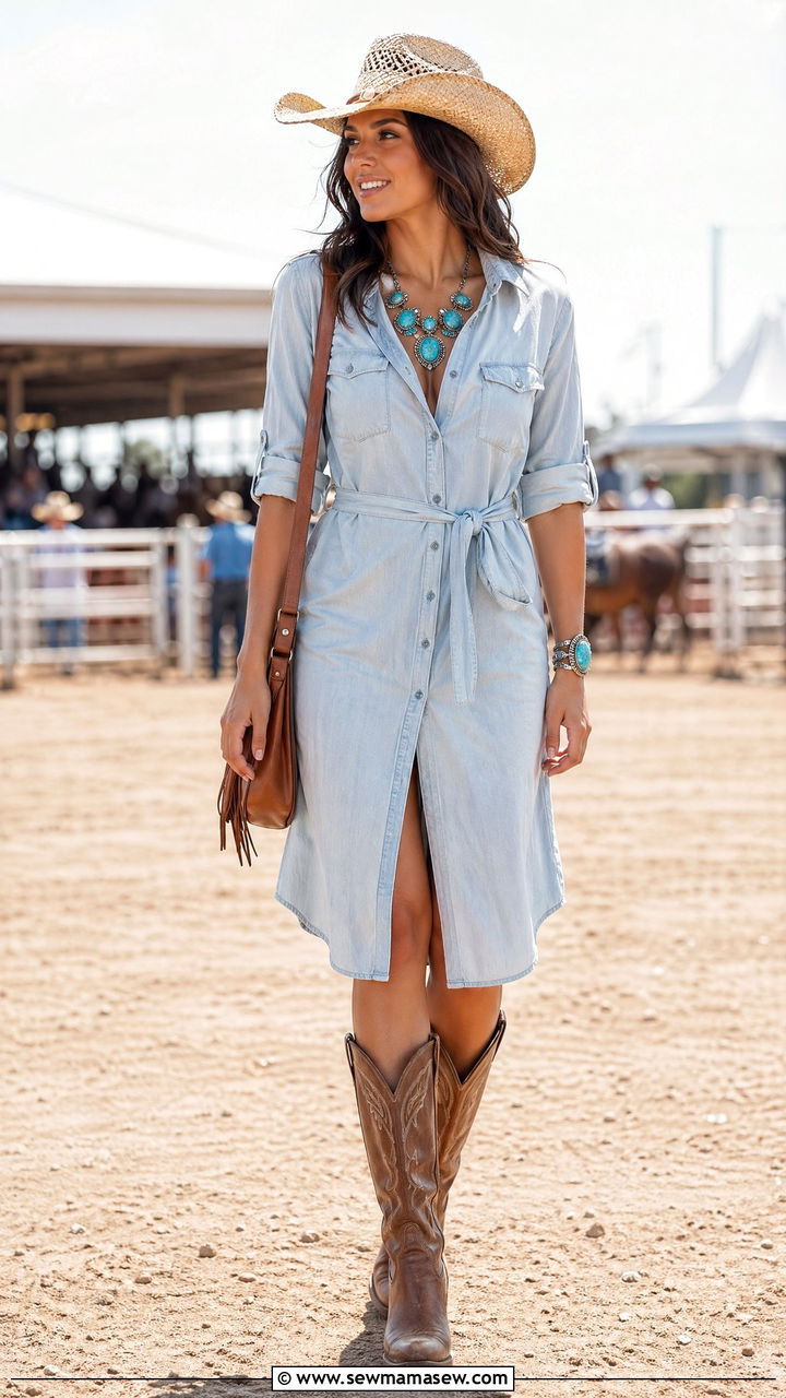 Denim Shirt Dress With Turquoise Jewelry - 35 western outfit ideas for women