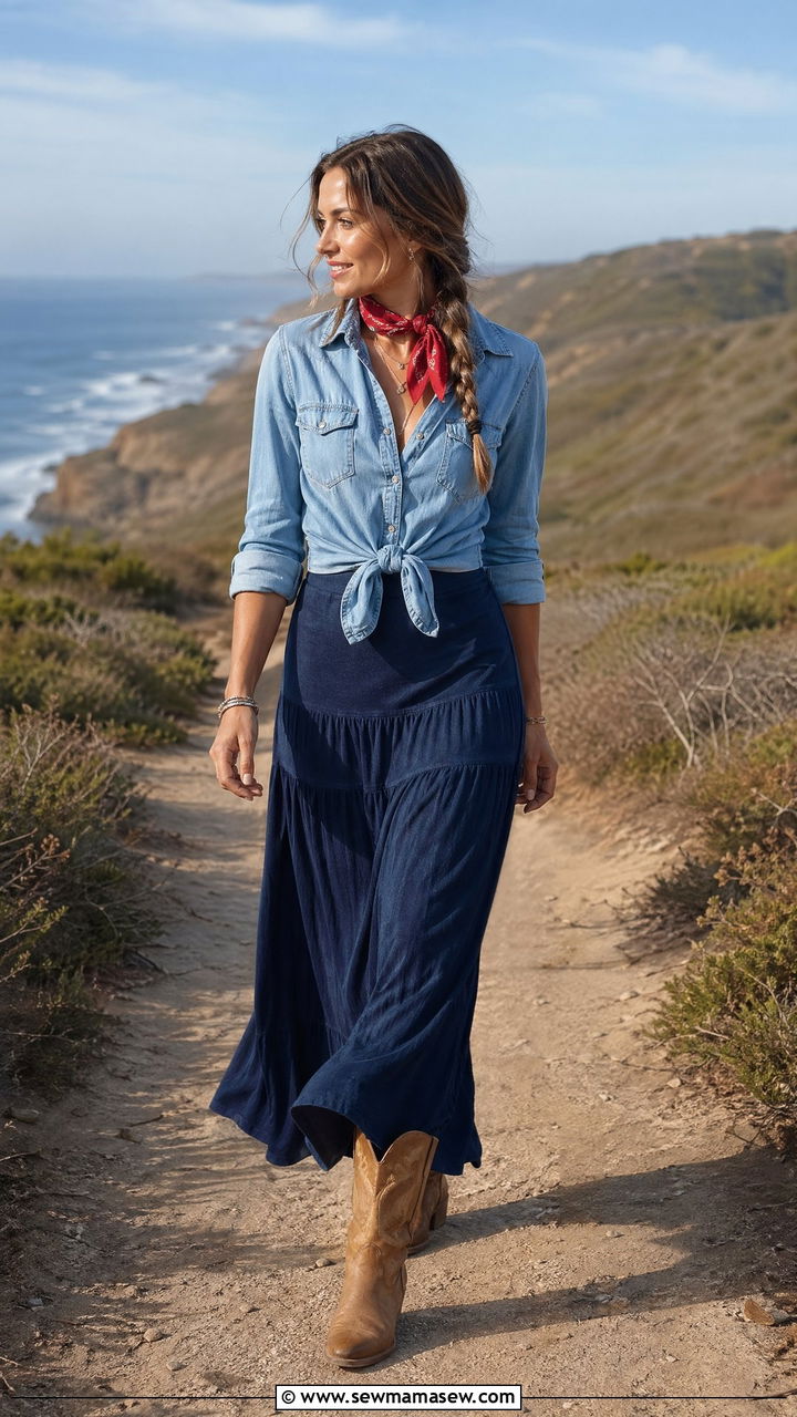 Denim Shirt With Flared Navy Skirt and Patterned Scarf and Boots - 35 coastal cowgirl outfits