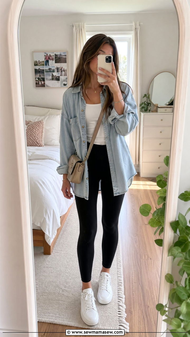 Denim Shirt With Leggings and Sneakers - 35 spring school outfit ideas
