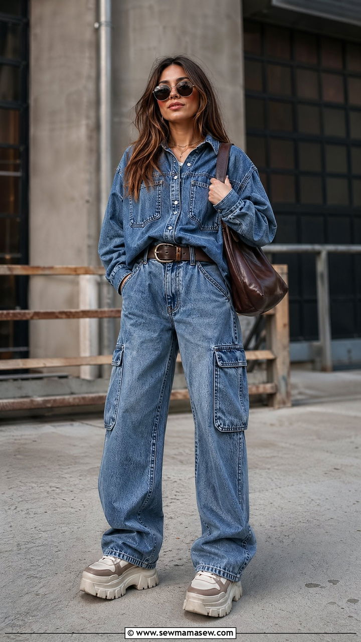 Denim Shirt and Matching Cargo Pants - 35 Denim matching set outfit ideas