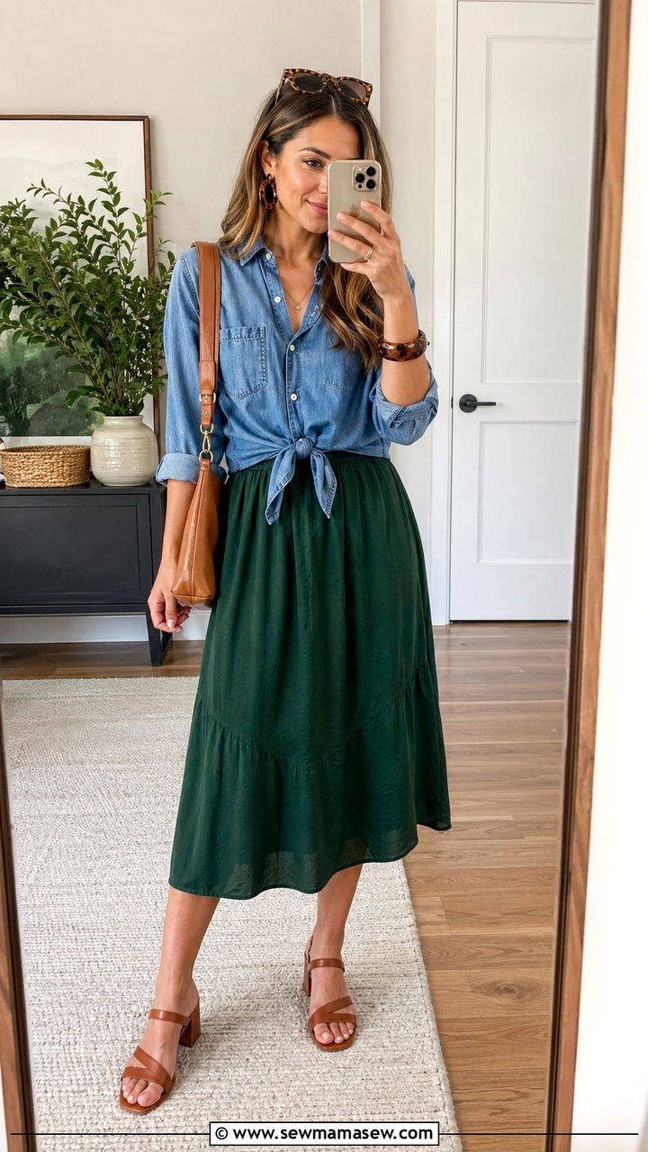 Denim Shirt with Dark Green Midi Skirt - 30 Blue and green outfit ideas