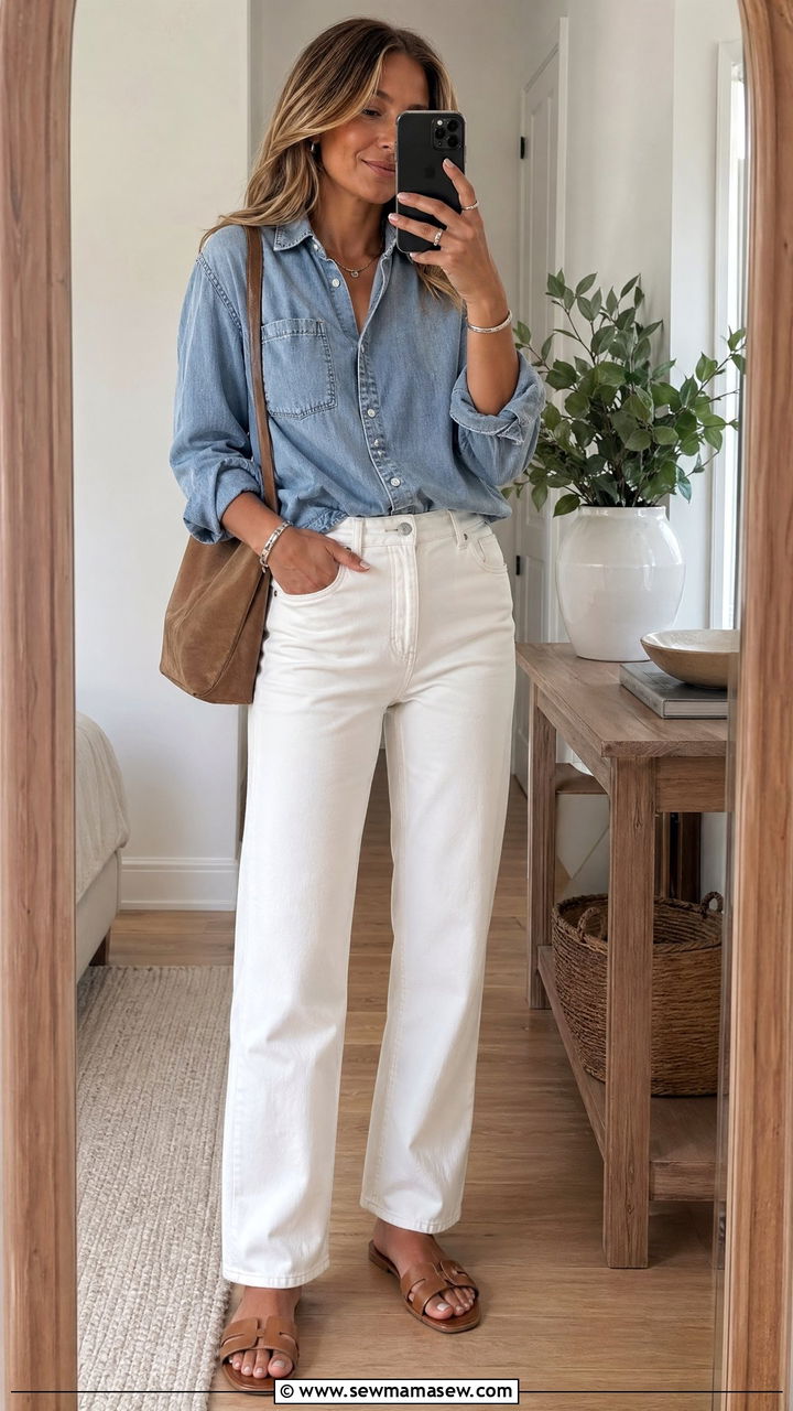 Denim Shirt with Relaxed White Jeans - 35 classy summer outfit ideas