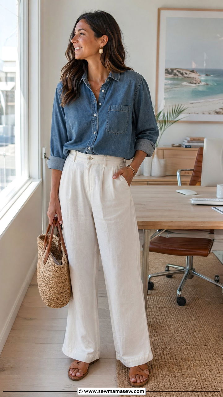 Denim Shirt with White Wide Leg Linen Trousers - 35 what to wear to the office