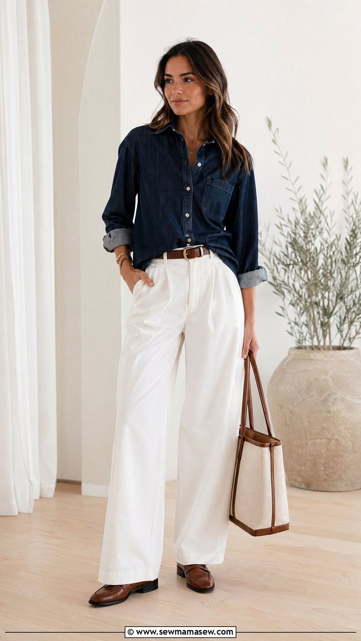 Denim Shirt with White Wide Leg Trousers Outfit - 35 Spring denim outfits