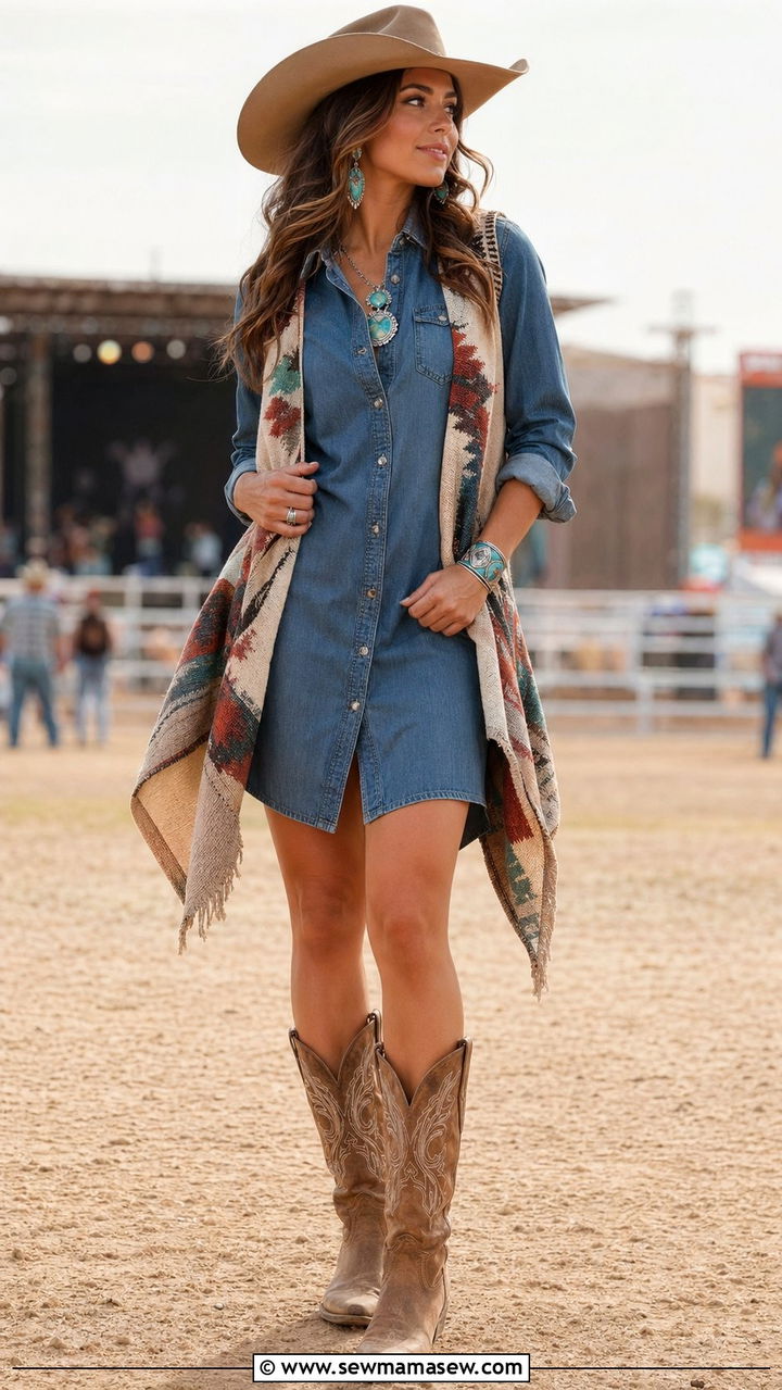 Denim Shirtdress With Cowboy Hat and Boots Outfit - 35 music festival outfit ideas for women