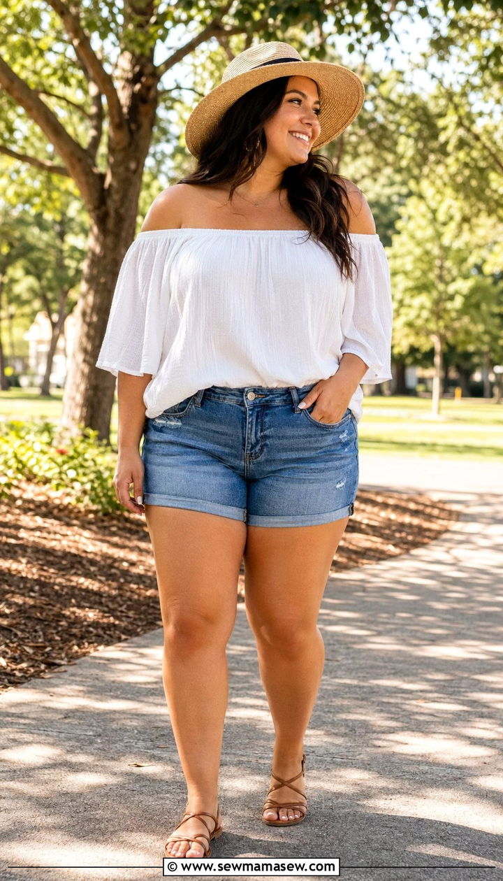 Denim Shorts With Off The Shoulder Blouse - 35 Plus size outfit ideas size 24 summer