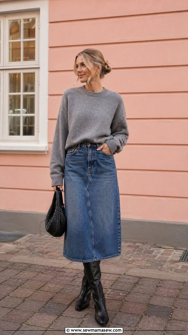 Denim Skirt And Knit Sweater Copenhagen Outfit - 35 Copenhagen outfits ideas