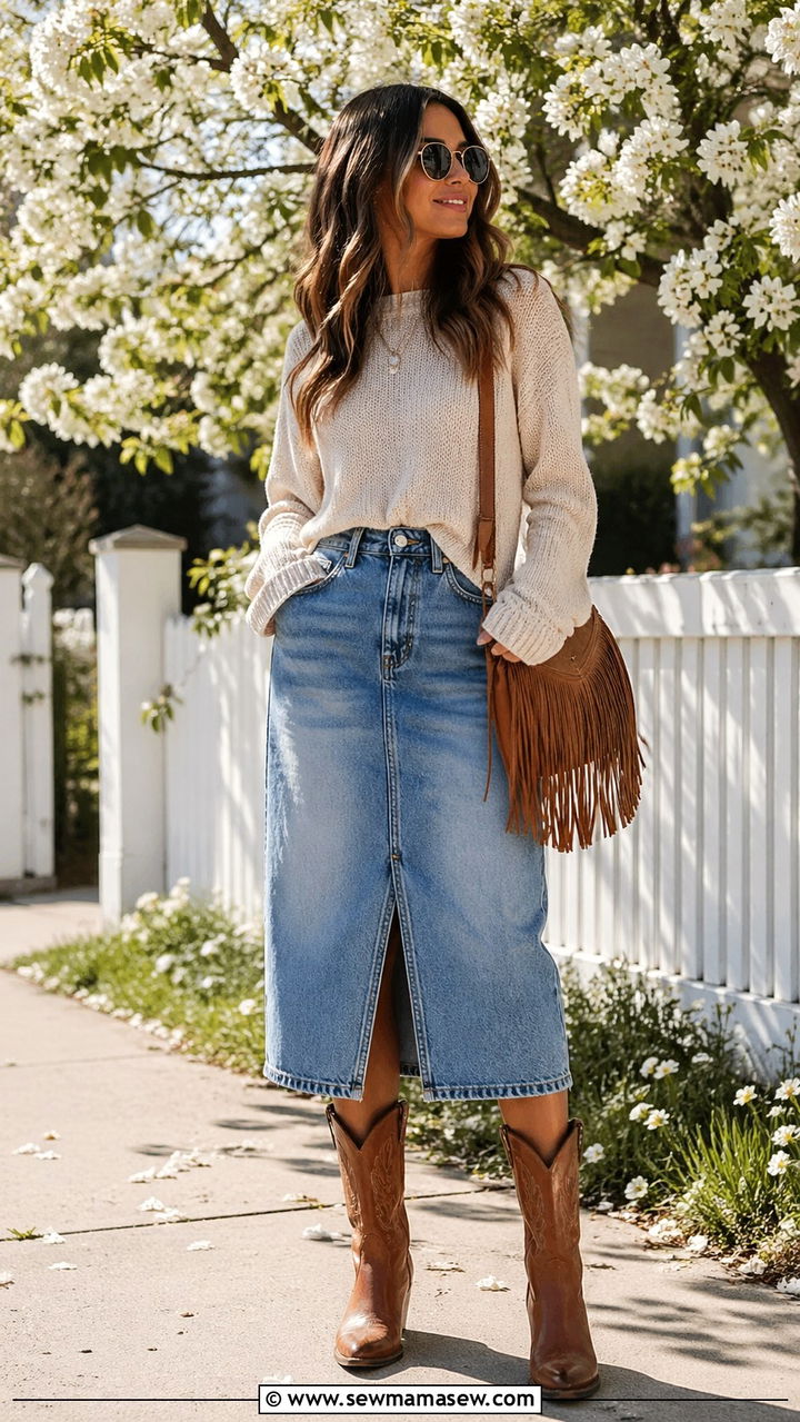 Denim Skirt With Cowboy Boots Spring - 30 spring denim skirt outfit ideas
