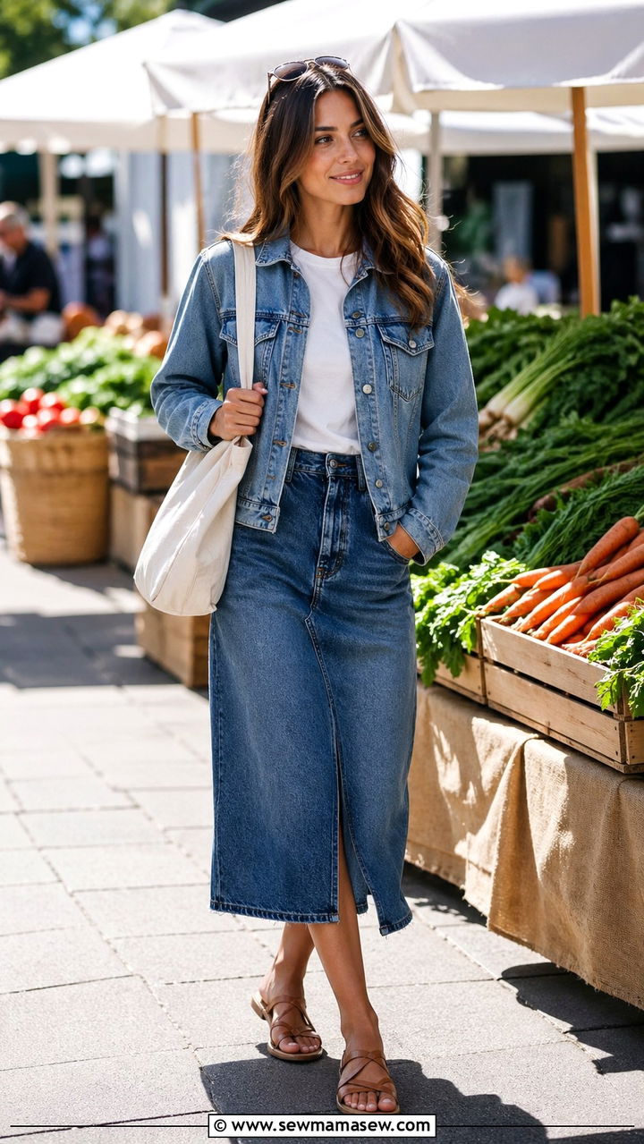 Denim Skirt With Denim Jacket And White Tee - 30 spring denim skirt outfit ideas