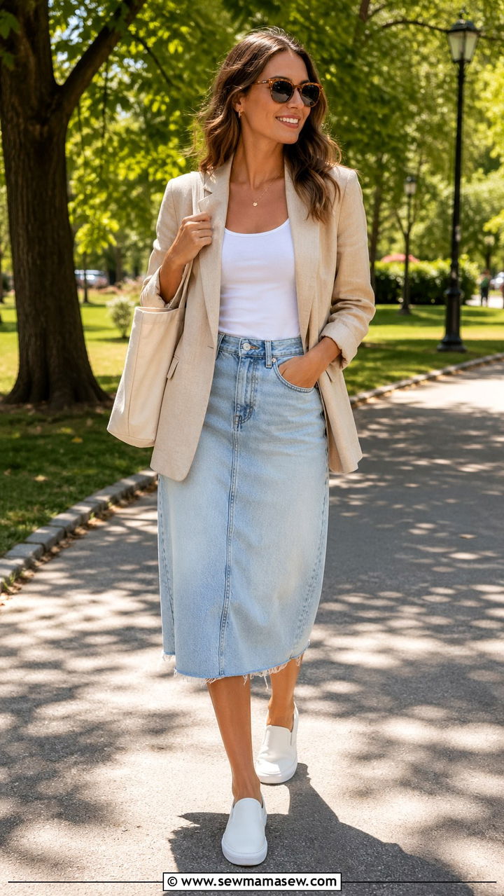 Denim Skirt With Linen Blazer And Slip On Sneakers - 30 spring denim skirt outfit ideas