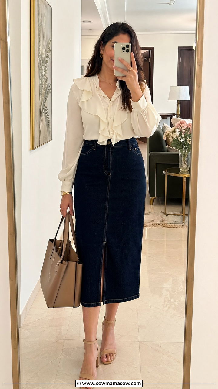 Denim Skirt With Ruffled Blouse Outfit - 35 College reunion outfit ideas