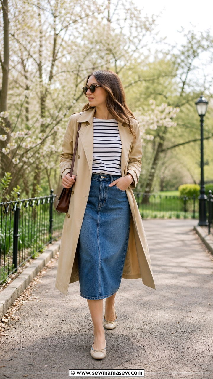 Denim Skirt With Trench Coat Spring - 30 spring denim skirt outfit ideas