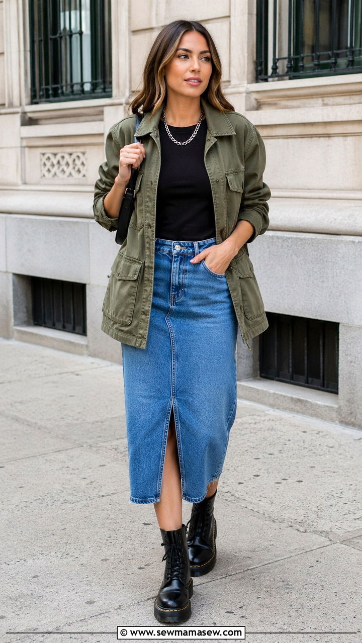 Denim Skirt With Utility Jacket And Combat Boots - 30 spring denim skirt outfit ideas