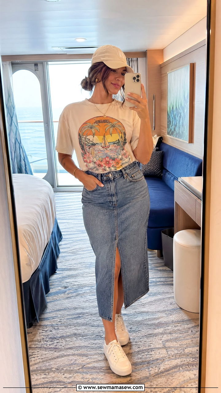 Denim Skirt and Graphic Tee Cruise Outfit - 35 cute cruise outfits
