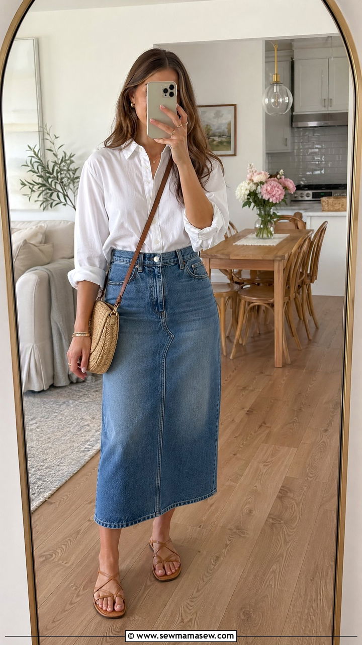 Denim Skirt with Button Down Shirt - 35 Spring picnic outfit ideas