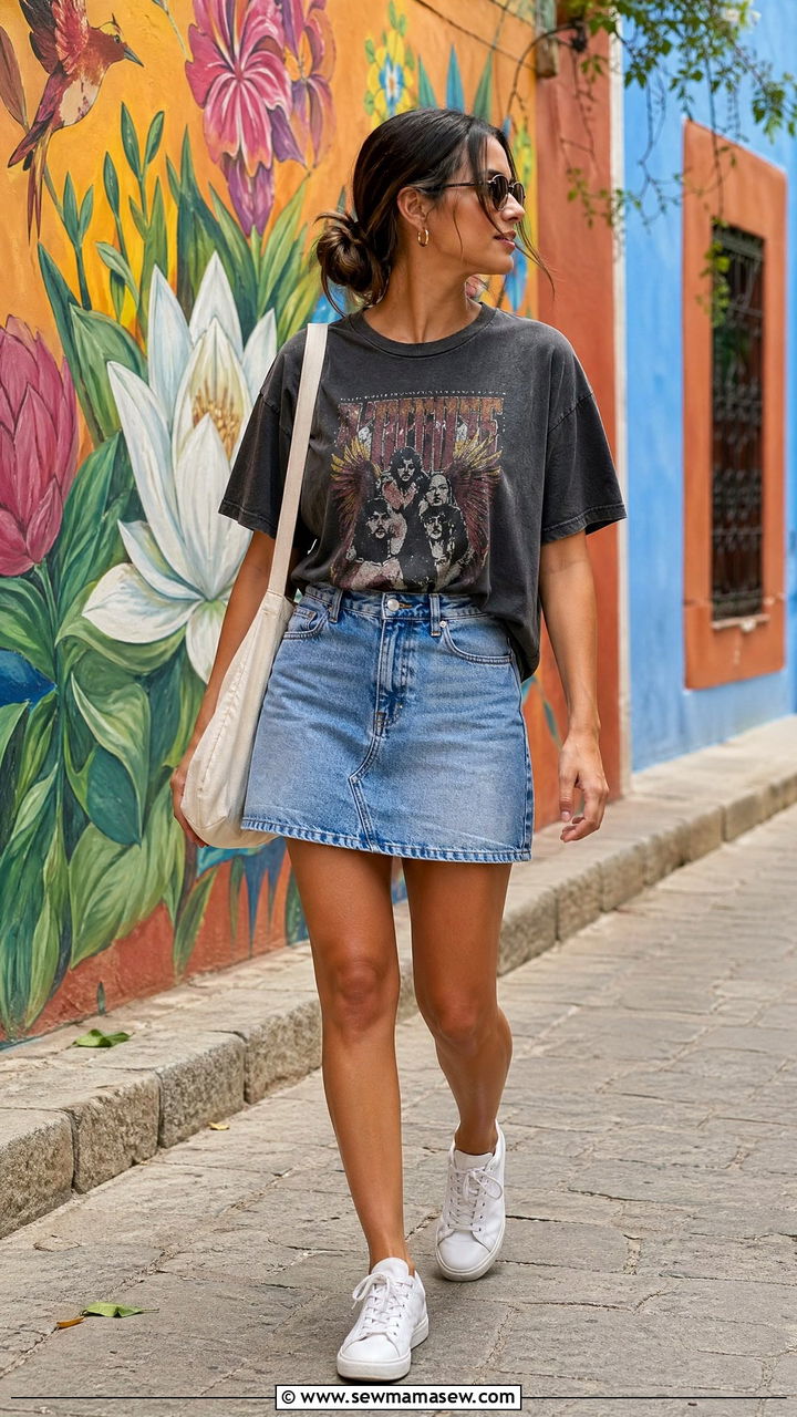 Denim Skirt with Graphic Tee and Sneakers Mexico Summer Outfit - 35 Summer Mexico outfit ideas