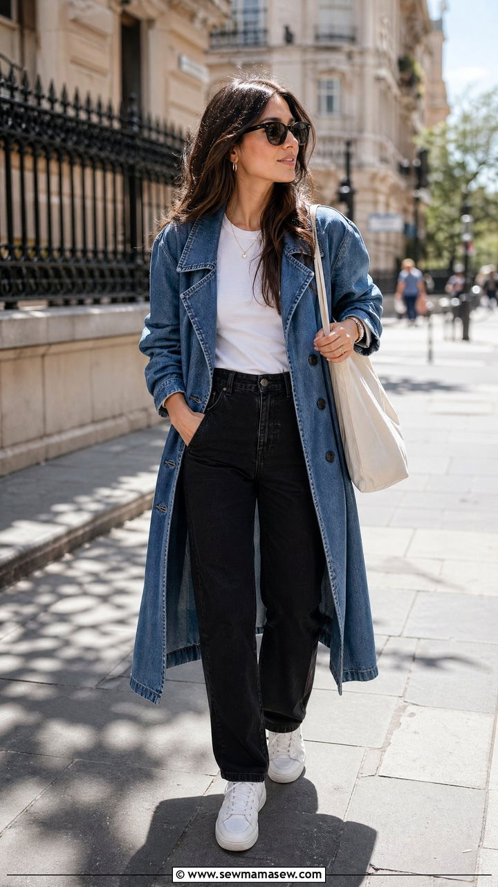 Denim Trench Coat Over Black Jeans and Sneakers - 35 cute trench coat outfits