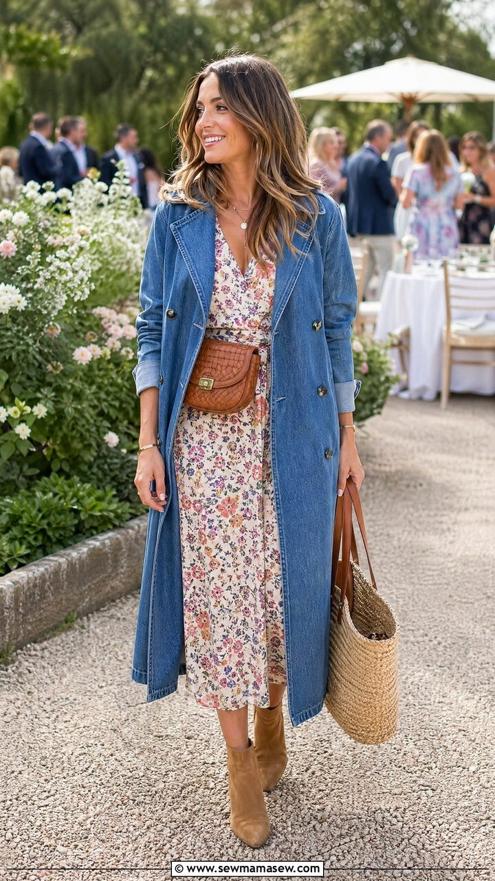 Denim Trench Coat With Floral Dress - 35 trench coat outfits for women