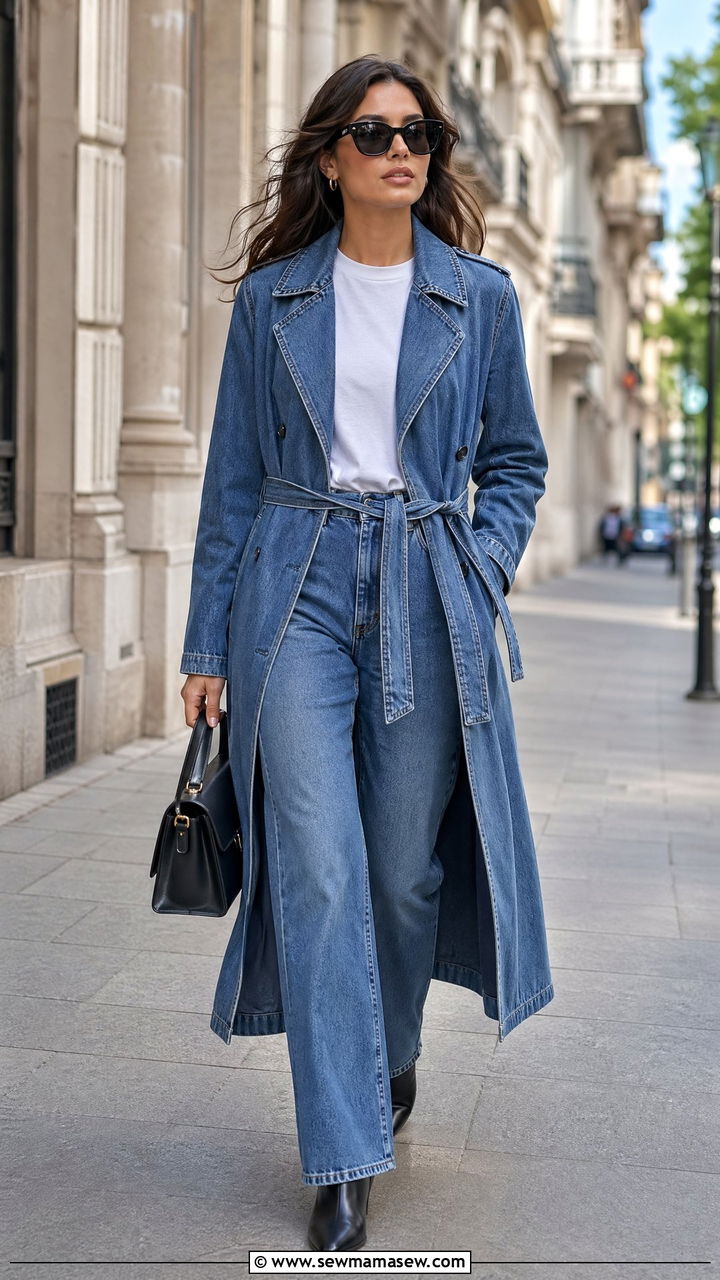 Denim Trench Coat and Jeans Outfit - 35 Denim matching set outfit ideas