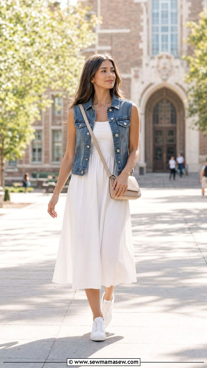 Denim Vest Over White Midi Dress For School - 30 Back to school outfit ideas clean girl 2026