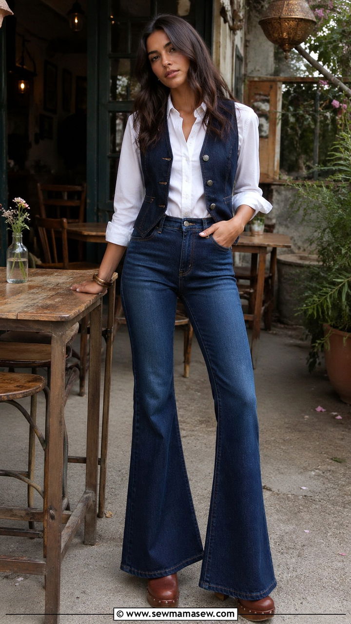 Denim Vest With Flared Jeans - 40 All denim blue outfit ideas