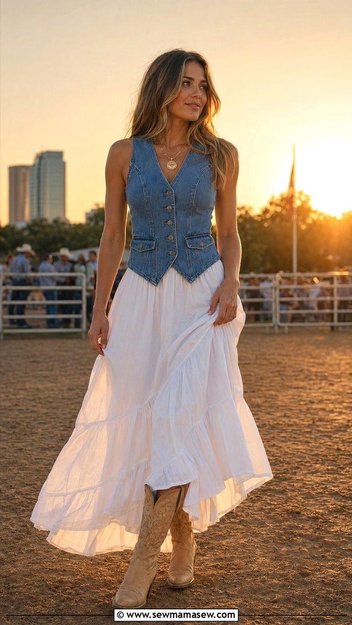 Denim Vest With a White Cotton Maxi Skirt and Beige Cowboy Boots - 30 Austin outfit ideas