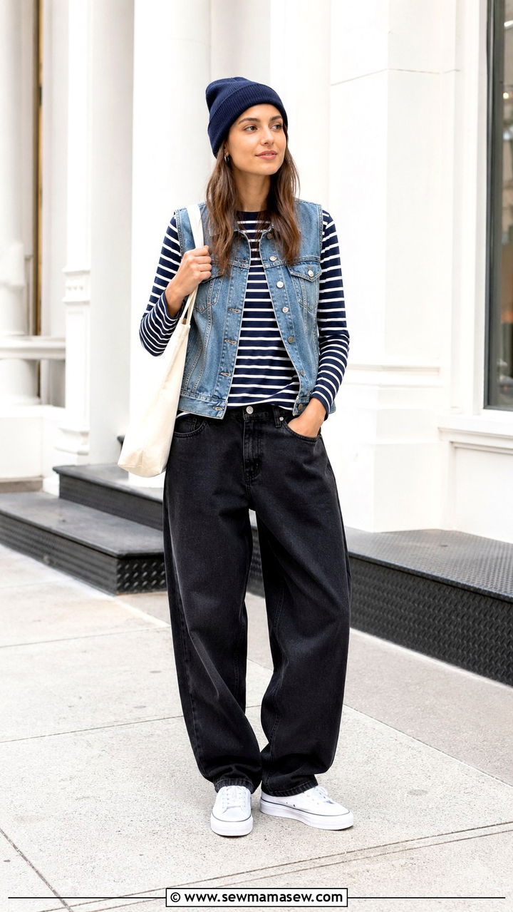 Denim Vest and Striped Long Sleeve Tee with Baggy Jeans - 30 Skater outfit ideas