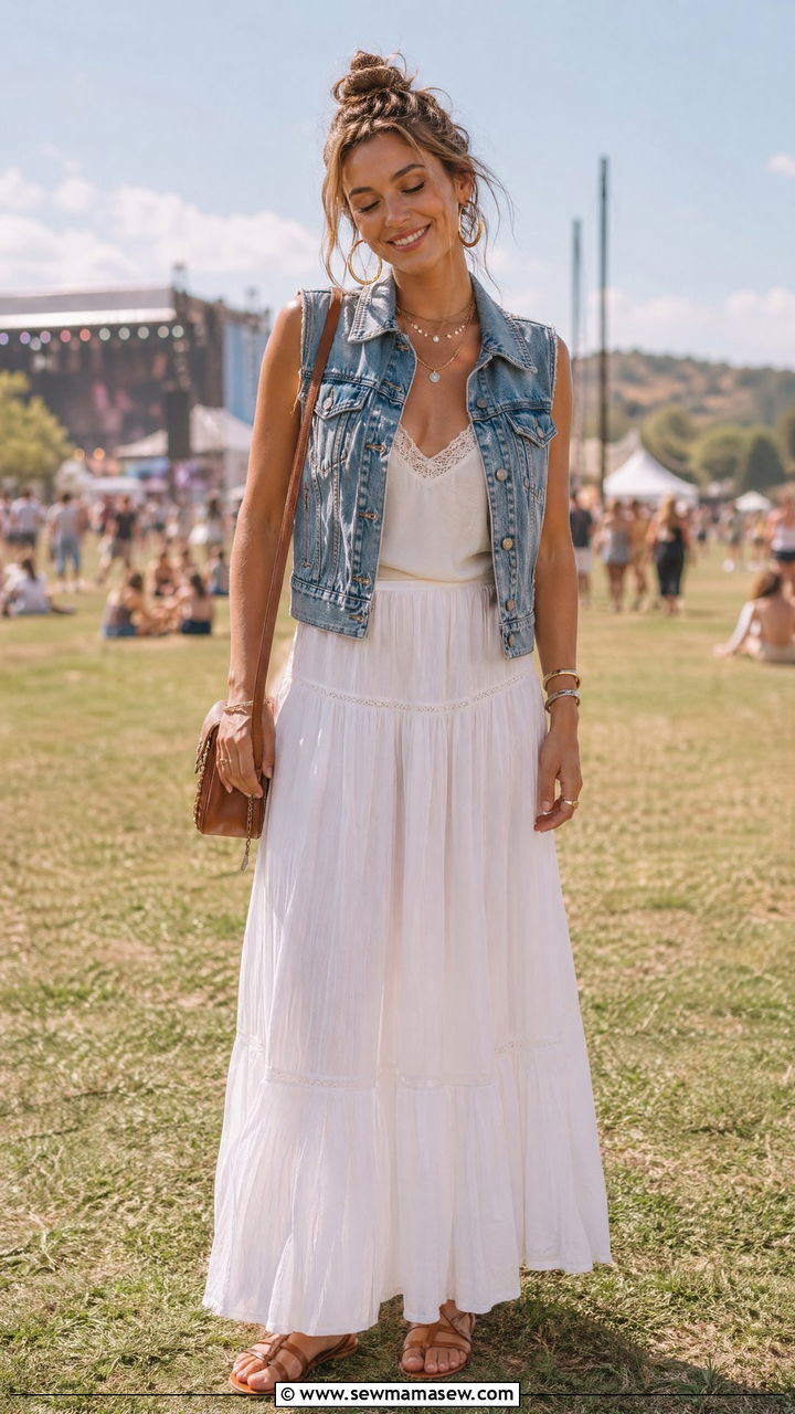 Denim Vest with Flowy White Maxi Skirt and Sandals - 35 cute music festival outfits