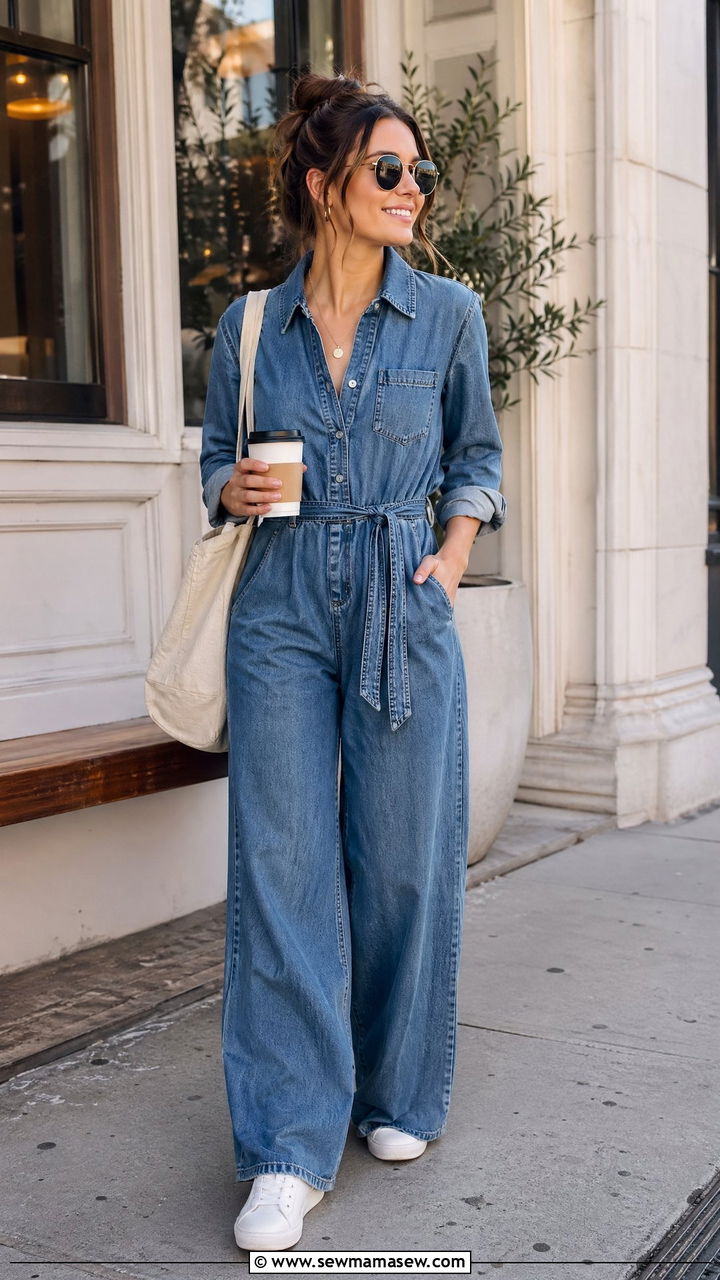 Denim Wide Leg Jumpsuit with White Sneakers - 35 Wide leg jumpsuit outfit ideas
