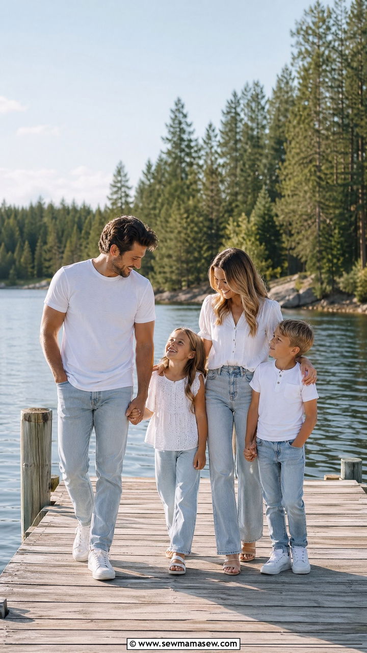 Denim and White Tops for Lakeside Family Photos - 35 summer family photo outfit ideas