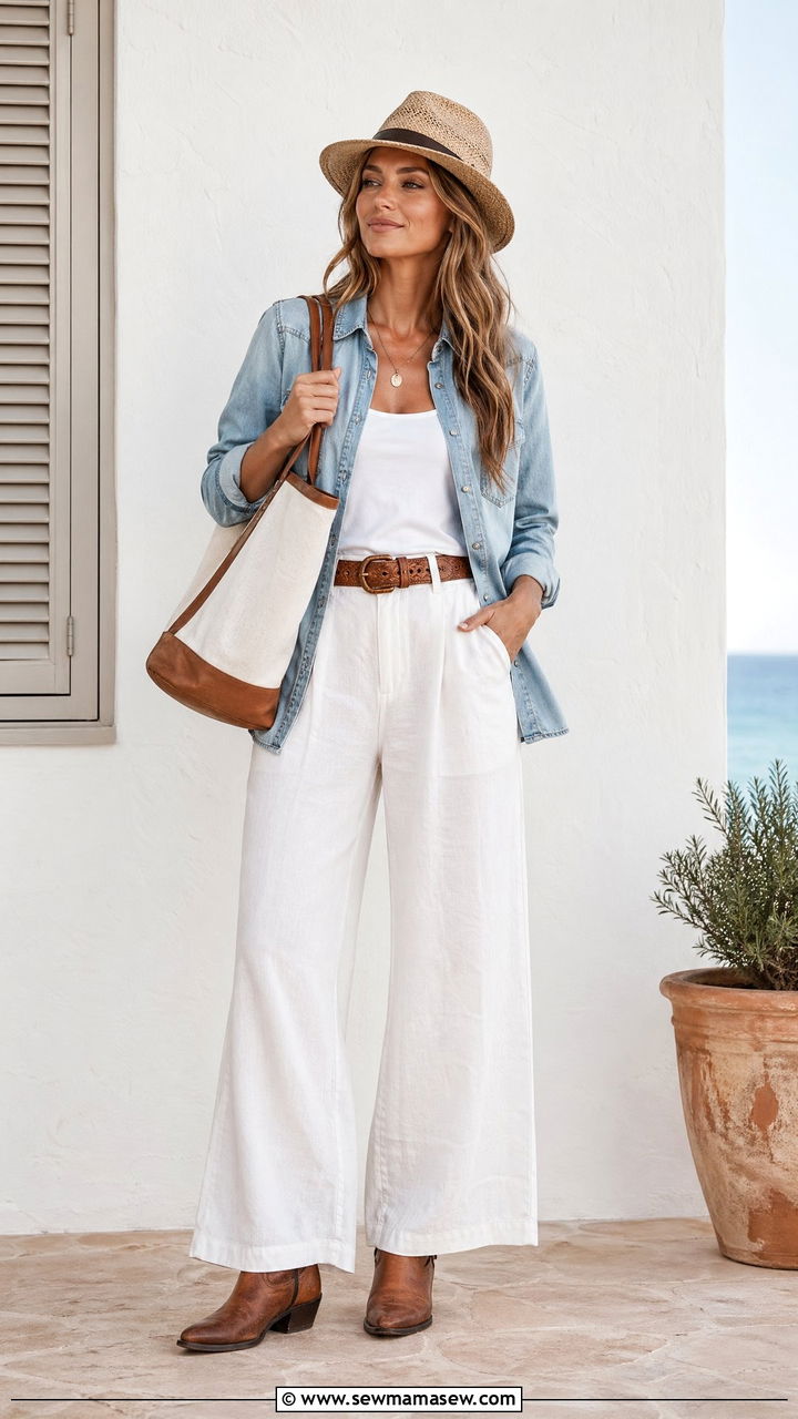 Denim button down shirt and white linen trousers with cowboy boots - 35 Coastal cowgirl outfit ideas summer