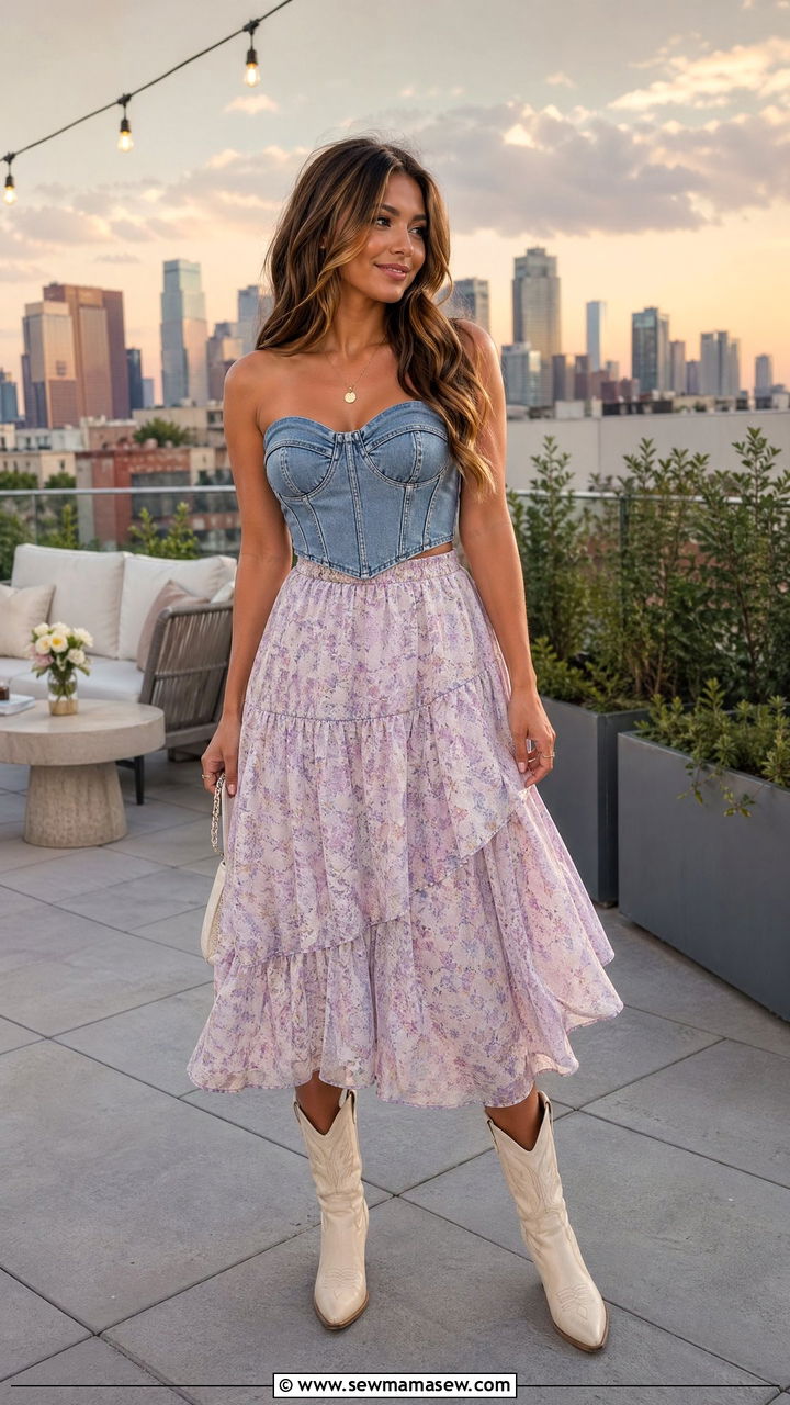 Denim corset top with flowy midi skirt - 35 Western spring outfits